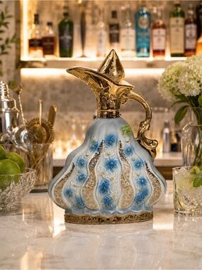 Vintage Jim Beam Ornate Ceramic Bourbon Decanter | Blue & Gold | 1970s | Empty